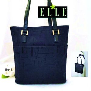ELLE Paris Blue Nylon Tote Shoulder Bag Black Leather Handle Front Pocket ZipTop